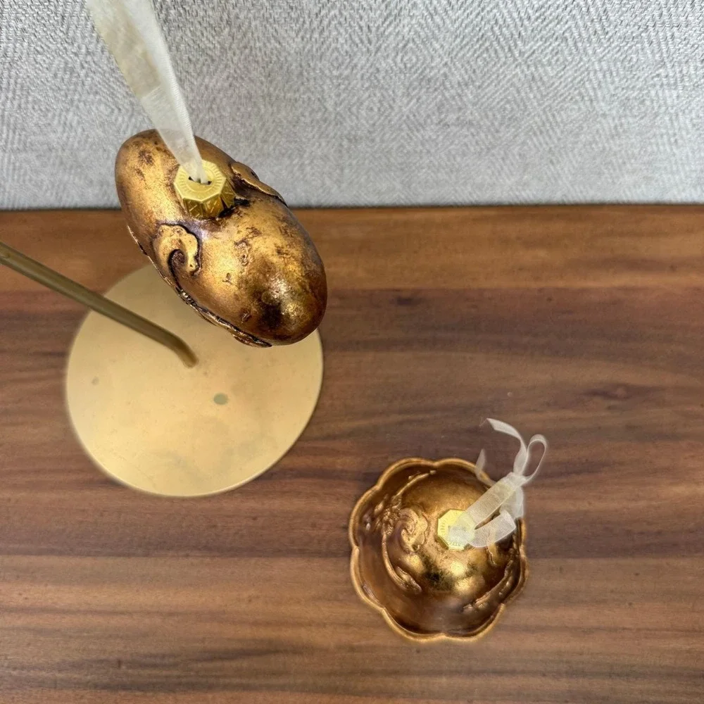 Vintage Golden Christmas Ornaments Set 2 Heart and Bell Baroque Scrollwork Decor